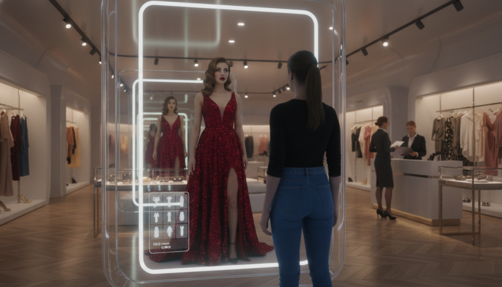 une cliente dans un magasin qui regarde dans un miroir i