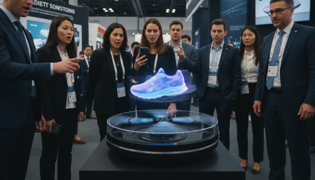 groupe de visiteurs devant un hologramme 3D d'un produit lors d'un salon