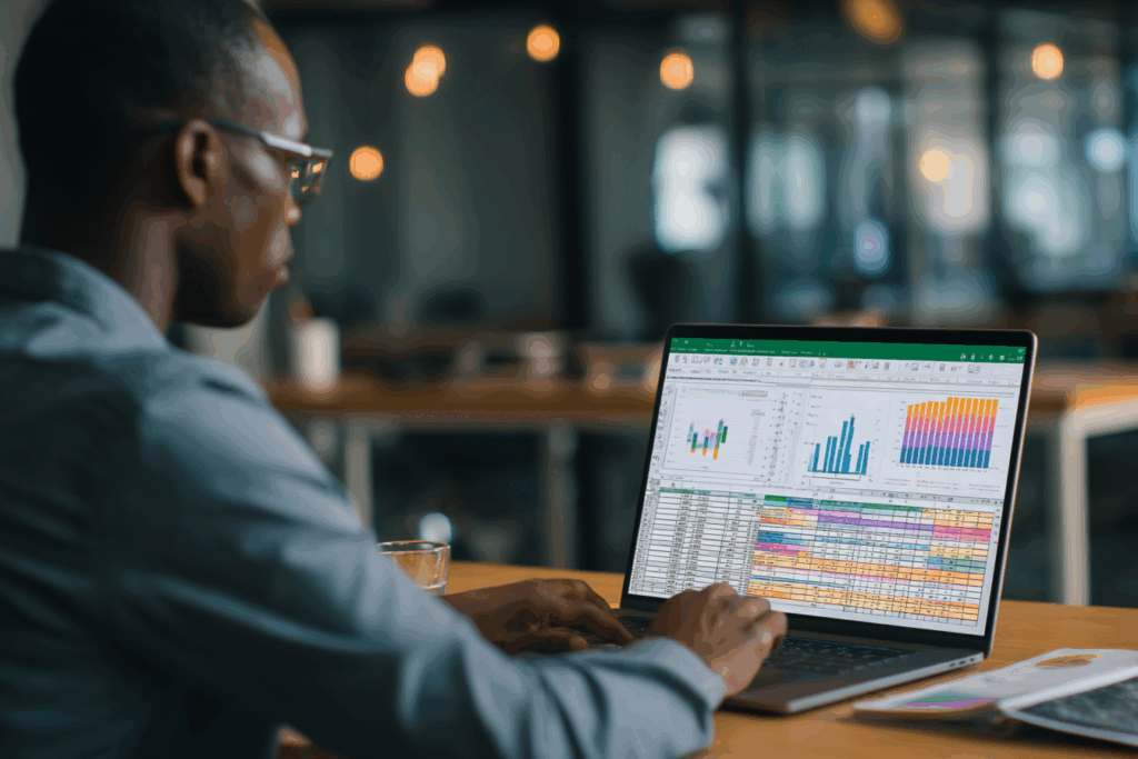 Un professionnel concentré assis à son bureau, travaillant sur un ordinateur portable affichant une feuille de calcul Excel avec des graphiques colorés et un tableau croisé dynamique