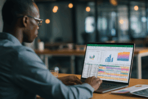 Un professionnel concentré assis à son bureau, travaillant sur un ordinateur portable affichant une feuille de calcul Excel avec des graphiques colorés et un tableau croisé dynamique