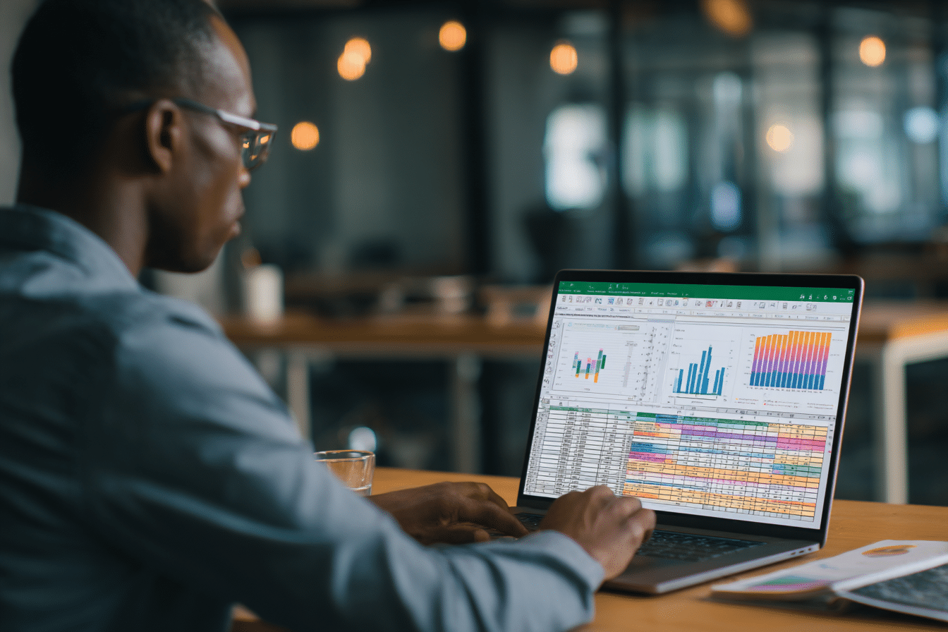Un professionnel concentré assis à son bureau, travaillant sur un ordinateur portable affichant une feuille de calcul Excel avec des graphiques colorés et un tableau croisé dynamique