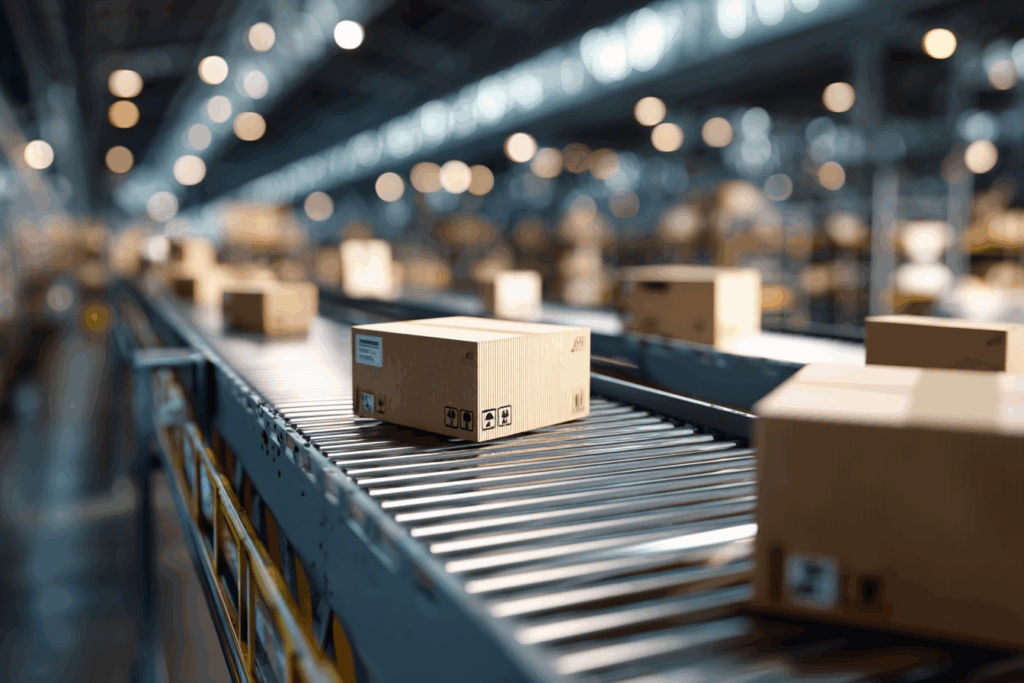 Chaîne logistique dans un entrepôt avec des cartons fermés, remplis