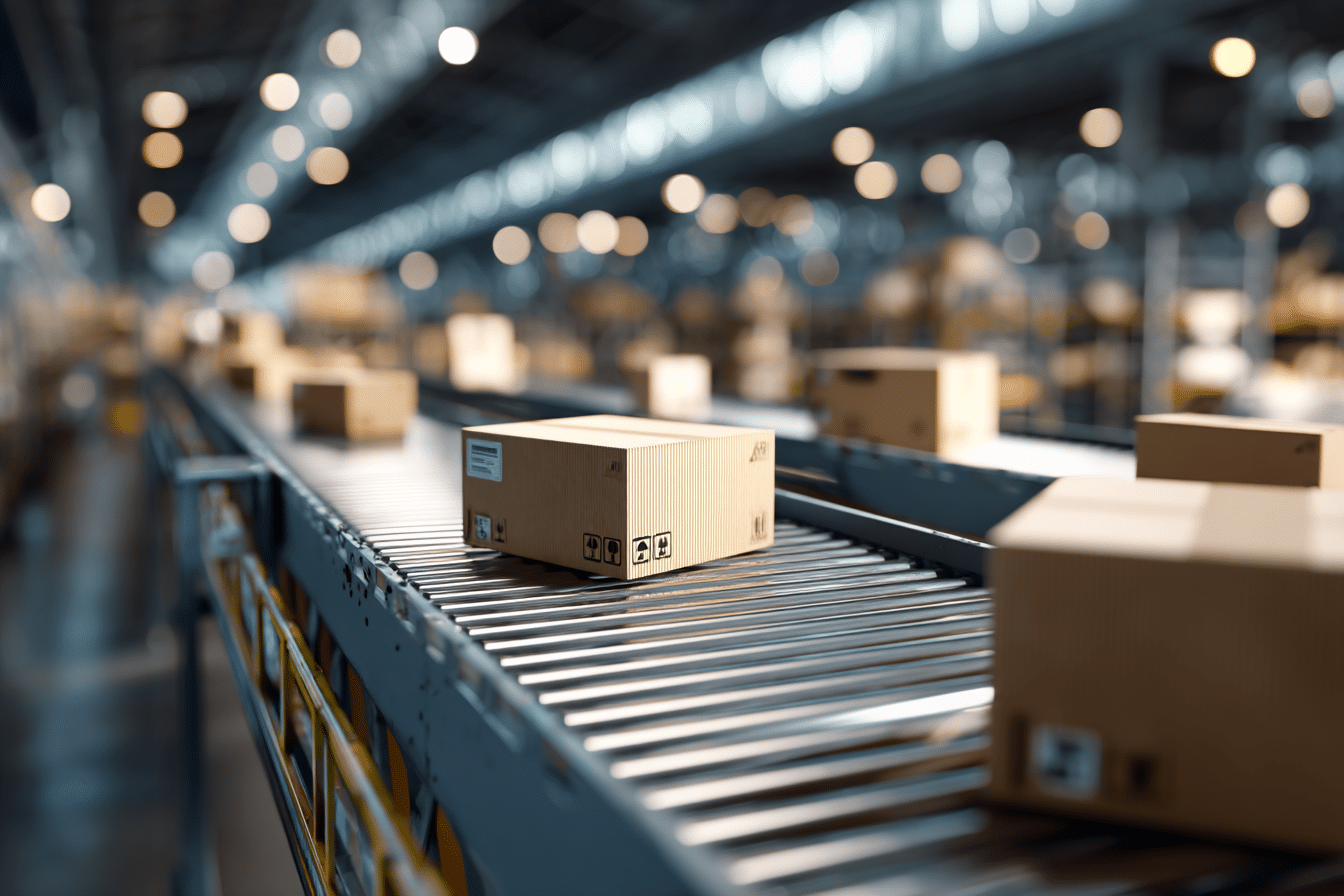 Chaîne logistique dans un entrepôt avec des cartons fermés, remplis