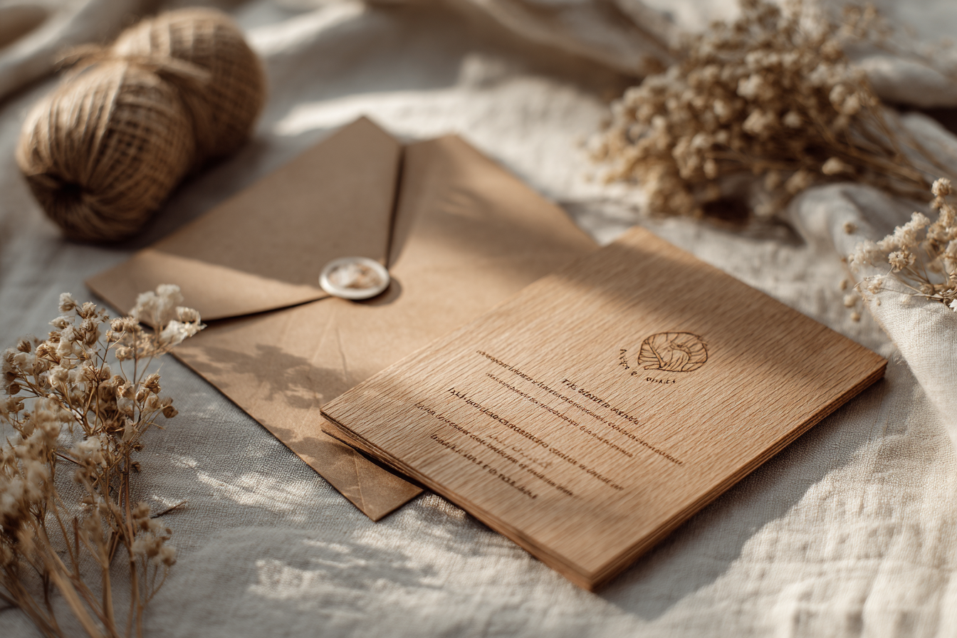Faire-part de mariage en bois gravé au laser, entouré d’enveloppes kraft et de fleurs séchées pour une décoration naturelle et élégante.
