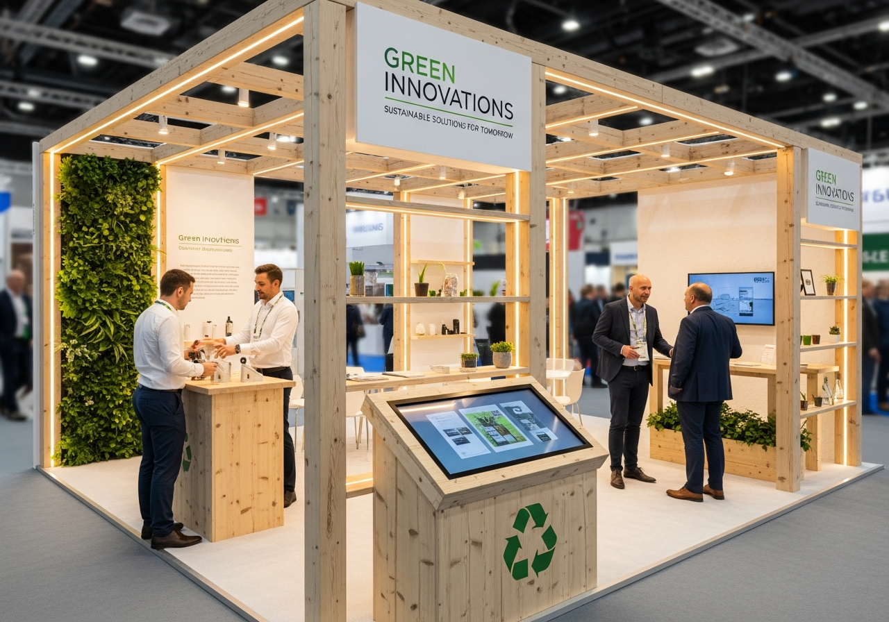 Aménagement de stand professionnel éco-responsable avec structure bois et visiteurs en interaction sur un salon.