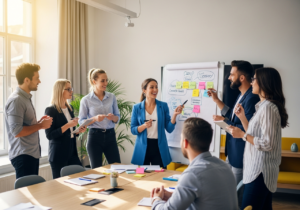 Équipe debout en pleine séance de brainstorming autour d’un tableau, post-it colorés, sourires naturels et ambiance dynamique dans une salle lumineuse.