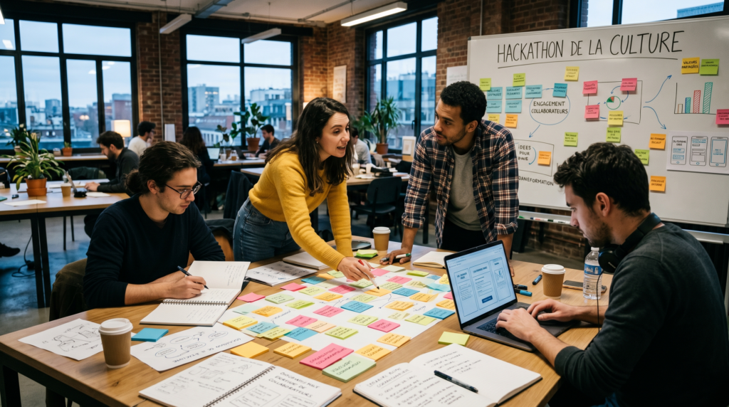 Des salariés en plein hackathon de la culture interne pour un événement corporate.