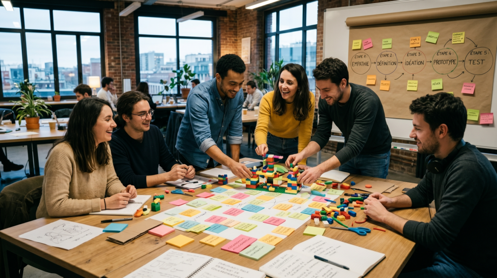 Des collaborateurs en plein atelier de workshop design lors d'un événement corporate.